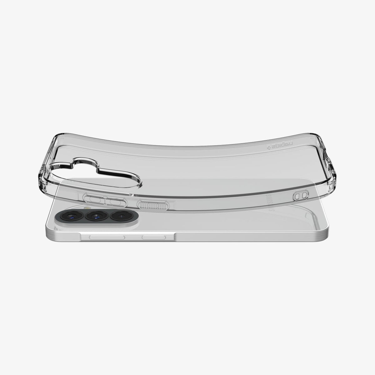 ACS11127 - Spigen Liquid Crystal Galaxy A57 5G case in Crystal Clear lifting away from phone, showing flexible TPU construction