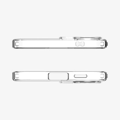 ACS11127 - Spigen Liquid Crystal Galaxy A57 5G case in Crystal Clear - top and bottom edge views showing speaker and charging port cutouts