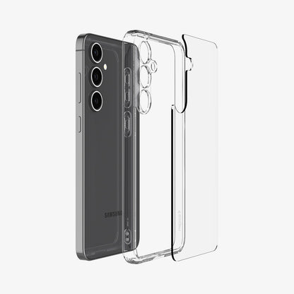 ACS08620 - Galaxy S24 FE Case Ultra Hybrid in Crystal Clear showing the transparent back of the case detached from the darker frame paralleled with the device