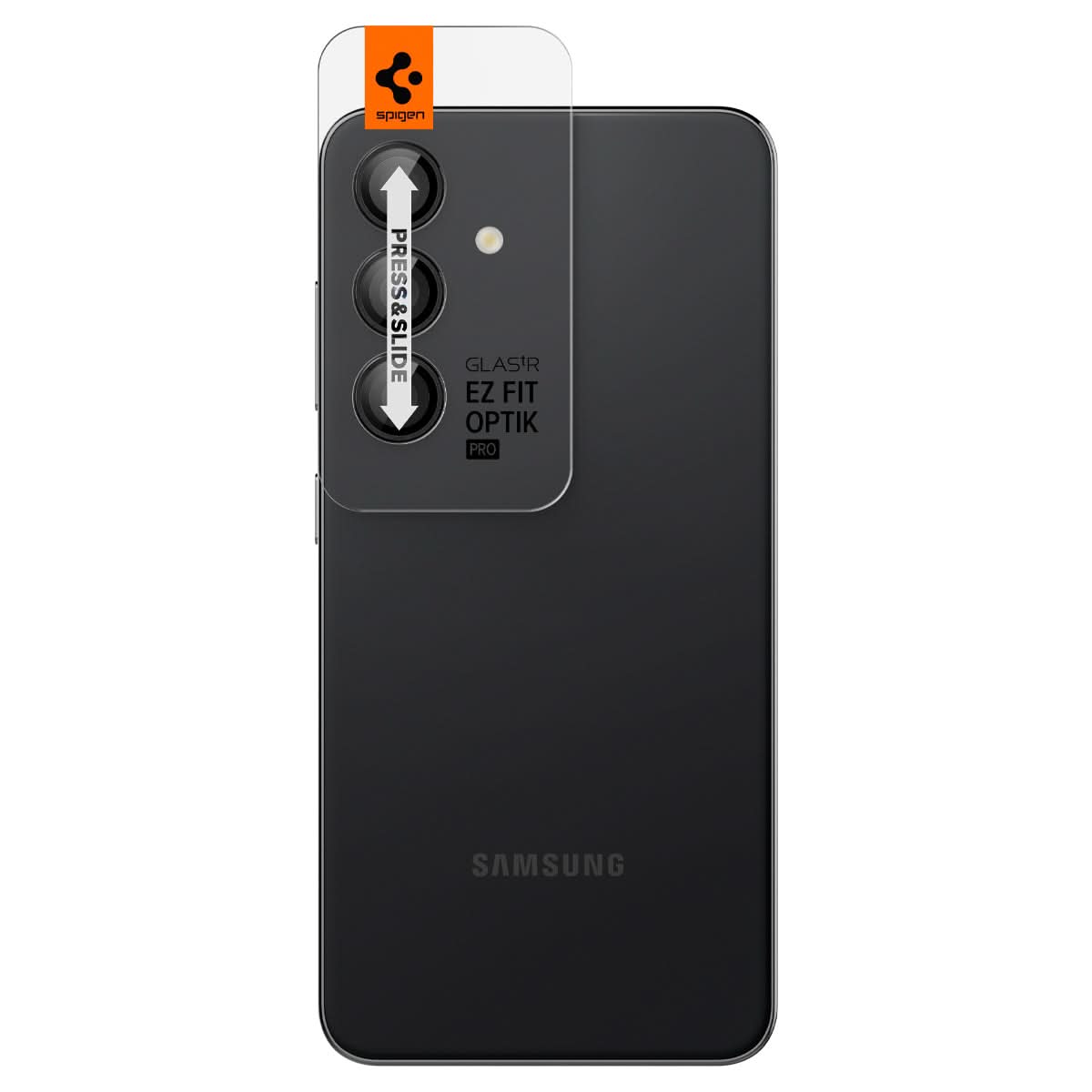 AGL07433 - Galaxy S24 Plus Optik Pro EZ Fit Lens Protector in Black showing the back with camera lens tray protector attached to the device
