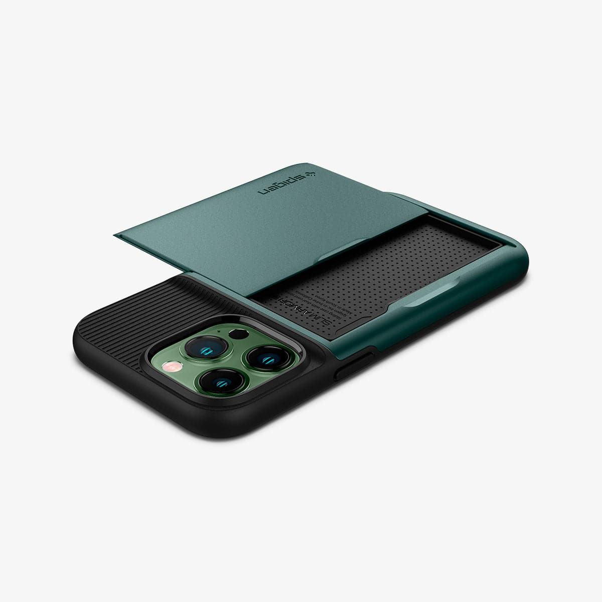 ACS04561 - iPhone 13 Pro Case Slim Armor CS in midnight green showing the back, side and top with card slot open