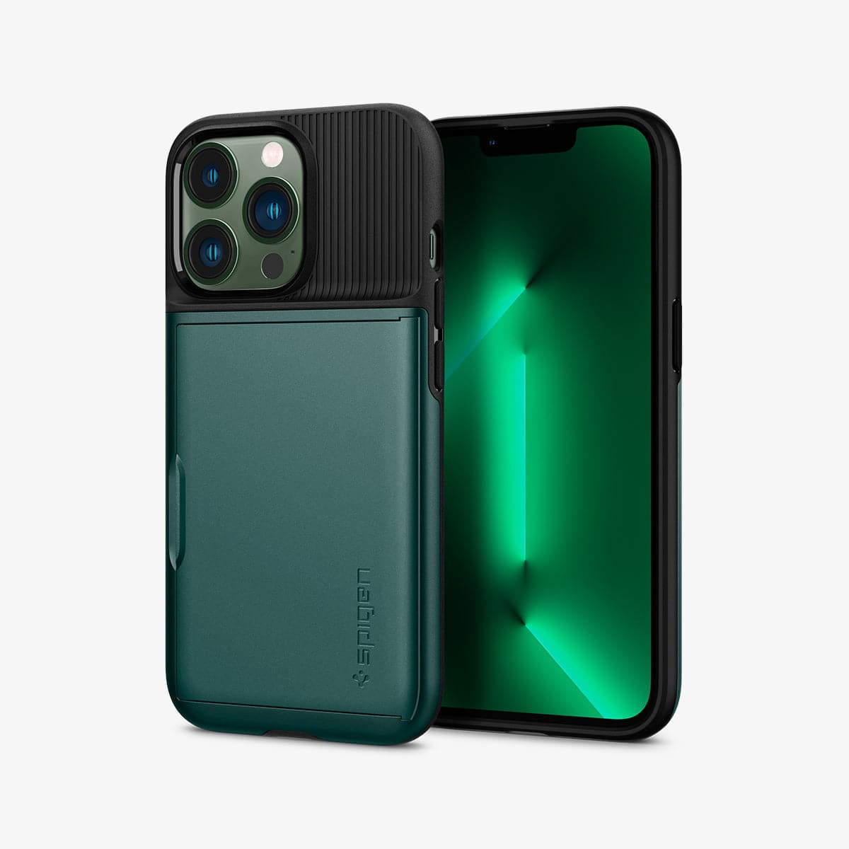 ACS04561 - iPhone 13 Pro Case Slim Armor CS in midnight green showing the back and front