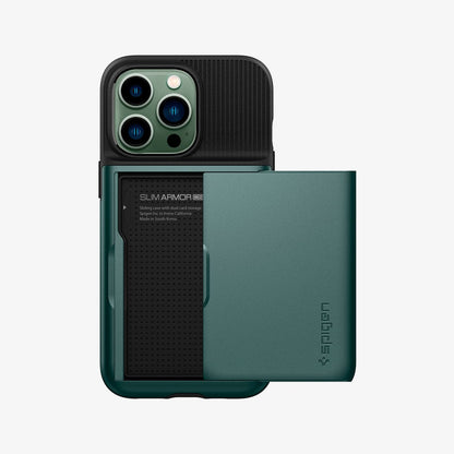 ACS04561 - iPhone 13 Pro Case Slim Armor CS in midnight green showing the back with card slot open