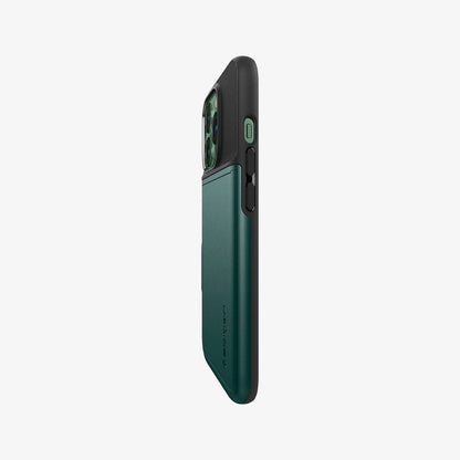 ACS04561 - iPhone 13 Pro Case Slim Armor CS in midnight green showing the side and partial back