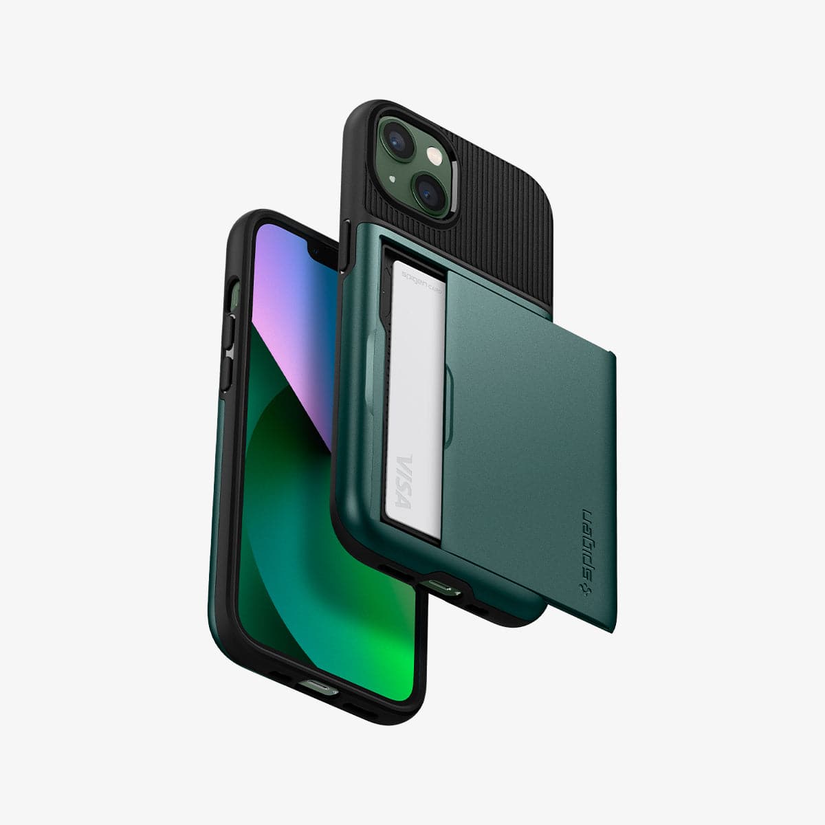 ACS04563 - iPhone 13 Case Slim Armor CS in midnight green showing the back, front and sides with card in slot