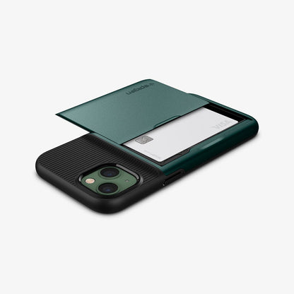 ACS04563 - iPhone 13 Case Slim Armor CS in midnight green showing the back, side and top with card in slot