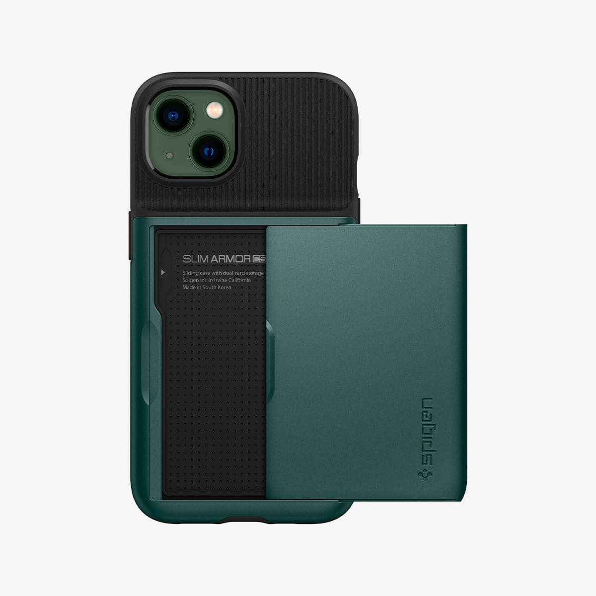 ACS04563 - iPhone 13 Case Slim Armor CS in midnight green showing the back with card slot open