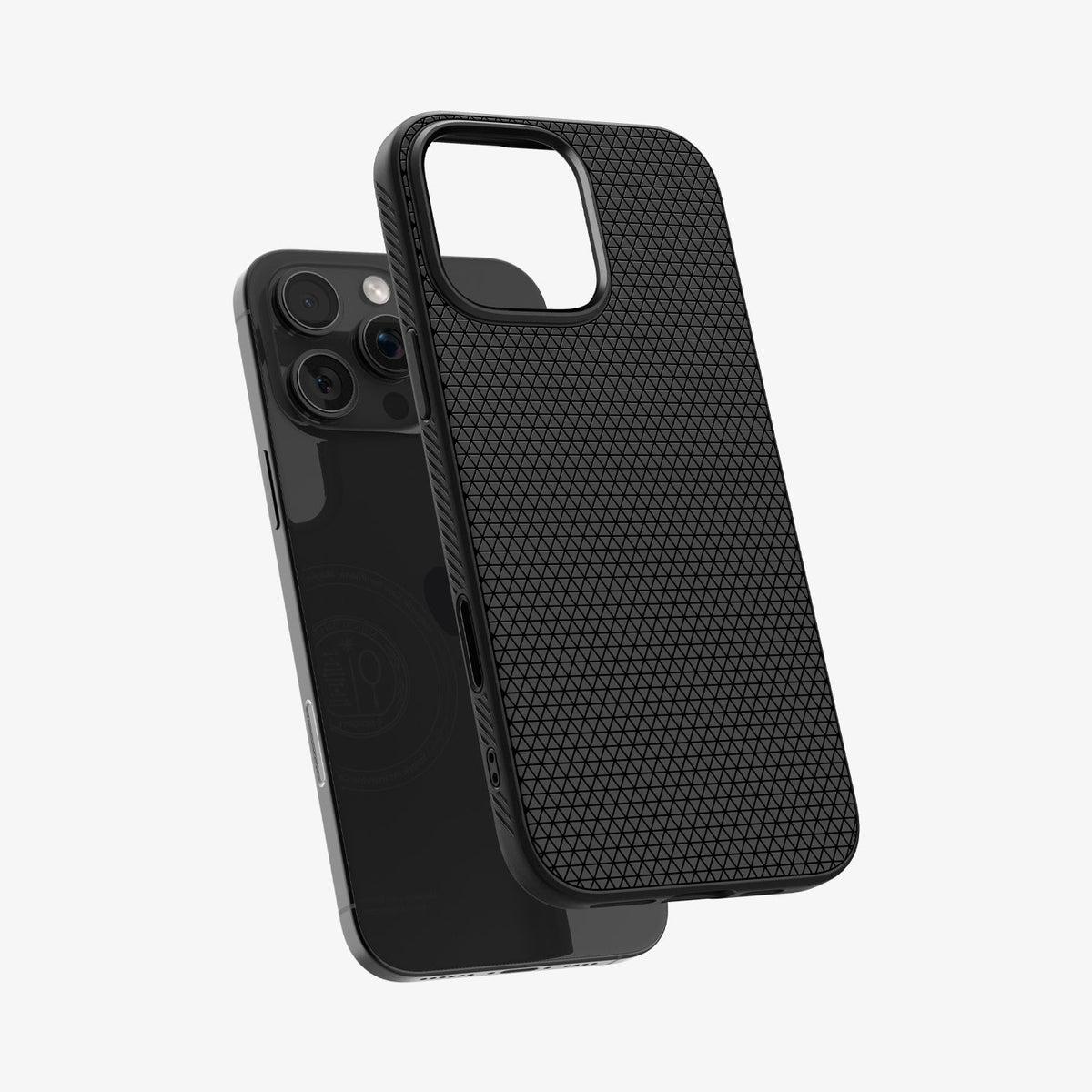 ACS09114 - iPhone 16 Pro Max Case Liquid Air T (MagFit + Camera Control) in Matte Black showing the back of the case hovering above the device