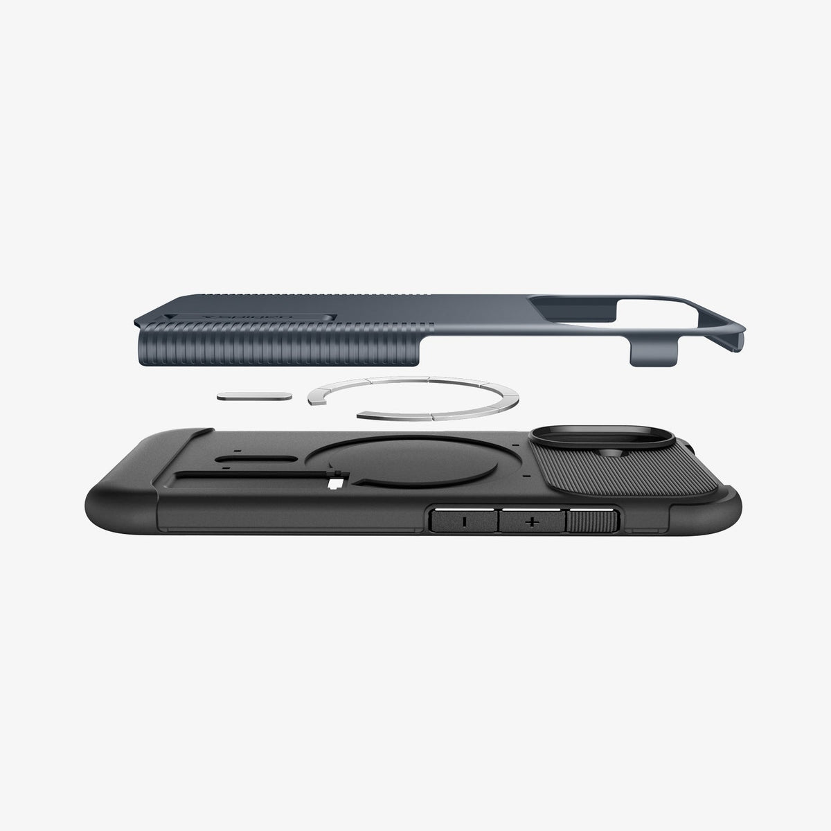 ACS09652 - iPhone 17 Slim Armor (MagFit) in Metal Slate showing the back cover hovering above detached metal ring plate and the back of the case
