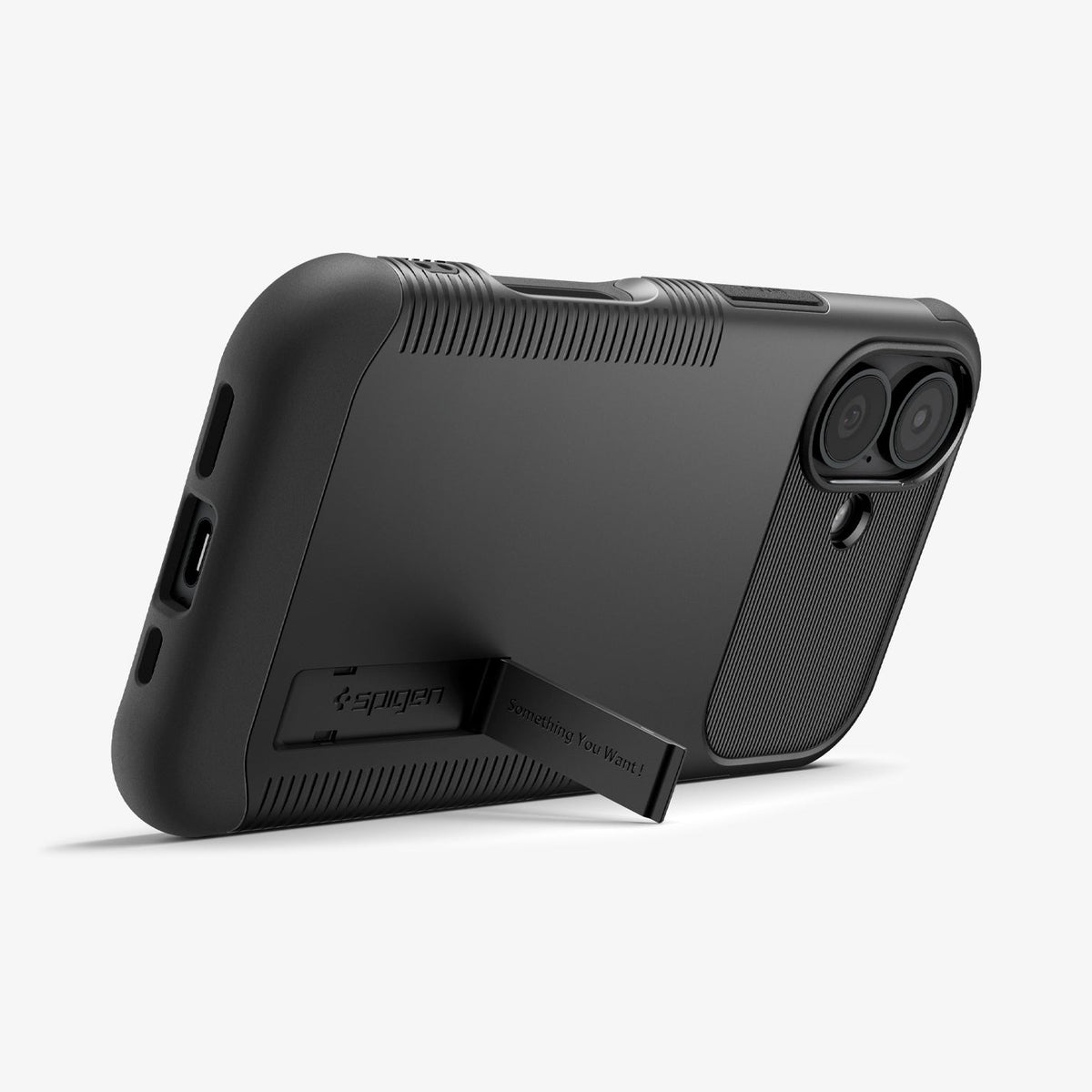 ACS09653 - iPhone 17 Slim Armor (MagFit) in Black showing the back, partial side and bottom, propped up with a built-in kickstand
