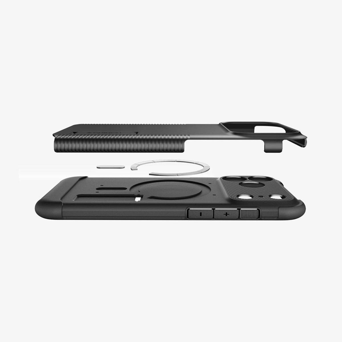 ACS09635 - iPhone 17 Pro Slim Armor (MagFit) in Black showing the back cover hovering above detached metal ring plate and the back of the case