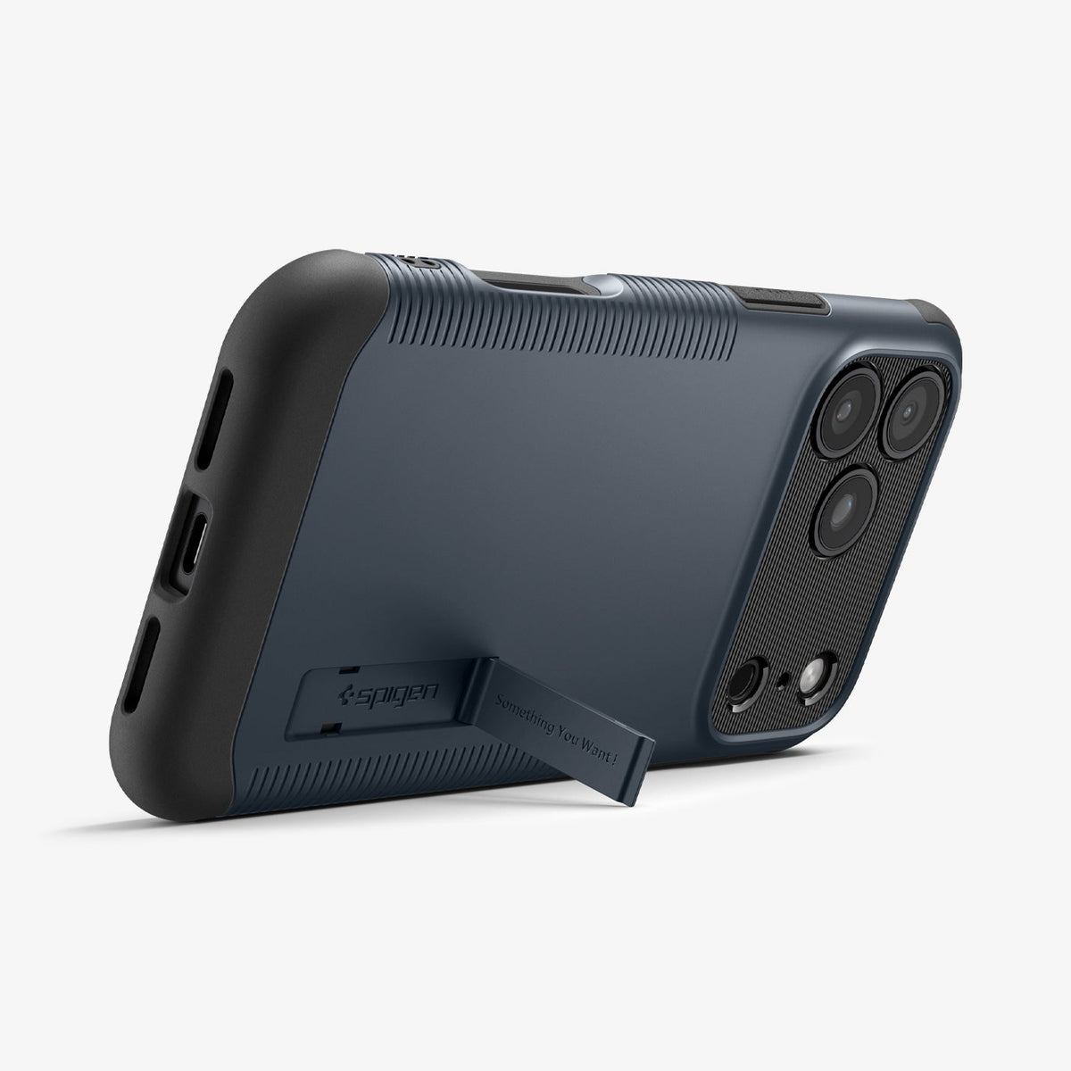 ACS09634 - iPhone 17 Pro Slim Armor (MagFit) in Metal Slate showing the back, partial side and bottom, propped up with a built-in kickstand