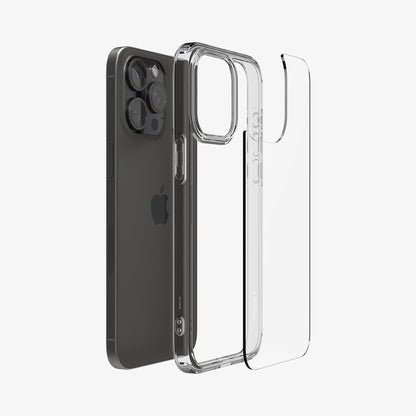 ACS07213 - iPhone 15 Pro Case Ultra Hybrid in Space Crystal showing the back tpu clear case detached, aligned from the frame and the device