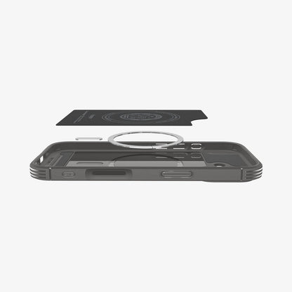 ACS09687 - iPhone 17 Core Armor (MagFit) in Marble Gray showing the back cover hovering above detached metal ring plate and the back of the case