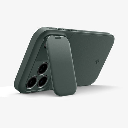 ACS09901 - iPhone 17 Pro Max Series Case Optik Armor (MagFit) in abyss green showing the back with device propped up by camera lens sticking out