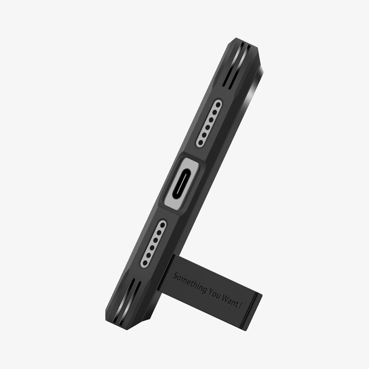 ACS09897 - iPhone 17 Pro Max Case Tough Armor T AI (MagFit) in black showing the bottom with device propped up by built in kickstand