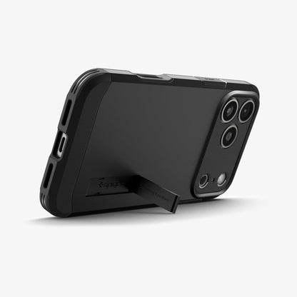 ACS09950 - iPhone 18 Pro / iPhone 17 Pro Tough Armor T Mag Fit Black showing the kickstand supporting the case in landscape orientation