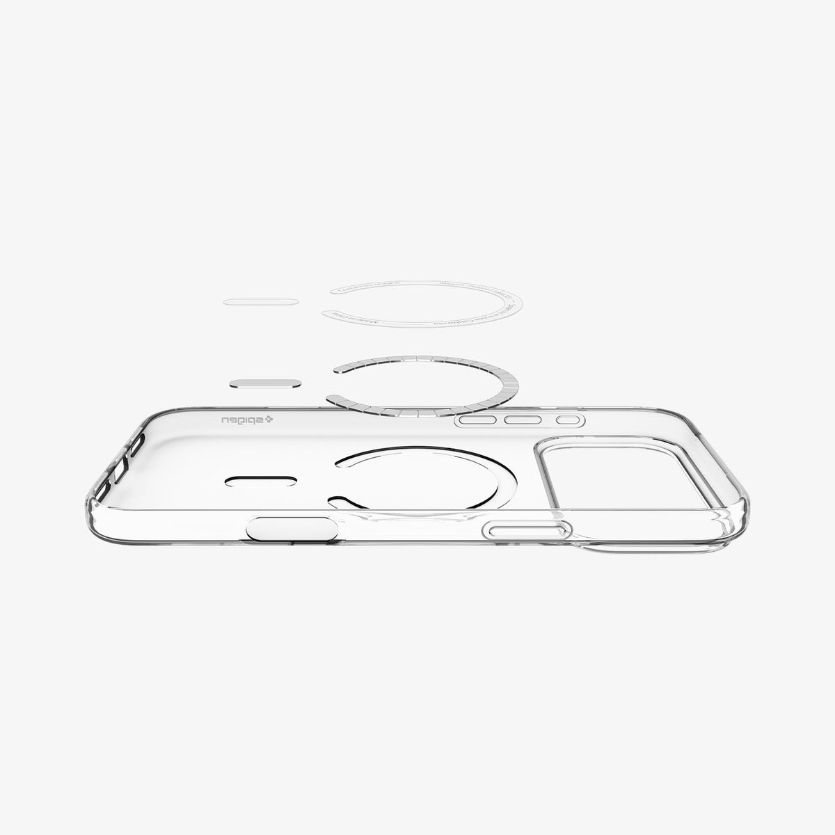 ACS09598 - iPhone 17 Pro Max Crystal Flex (MagFit) in Clear White showing the front of soft inner layer hovering above the magsafe magnet plate and the case