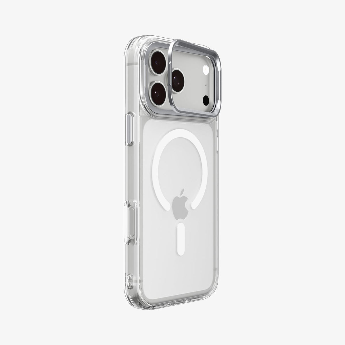 ACS11921 - iPhone 18 Pro / iPhone 17 Pro Ultra Hybrid Optik S (Mag Fit) Clear Silver showing an angled rear view highlighting the clear case and raised camera ring stand