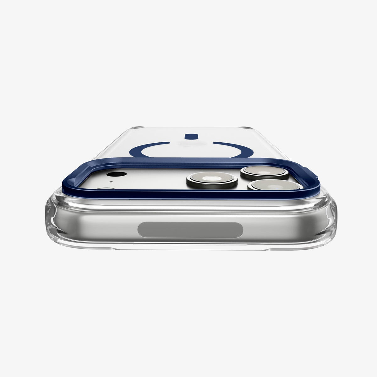 ACS11909 - iPhone 18 Pro Max / iPhone 17 Pro Max Ultra Hybrid Optik S (Mag Fit) Clear Deep Blue showing a close-up of the raised camera frame folded flat around the camera area