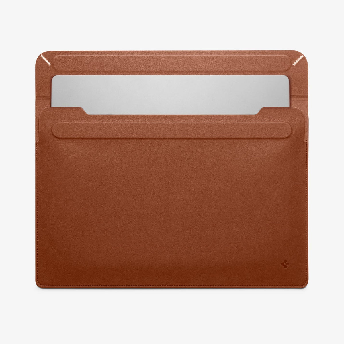 AFA06419 - MacBook Pro 16-inch Valentinus Laptop Pouch in Classic Brown partially opened revealing laptop sticking out