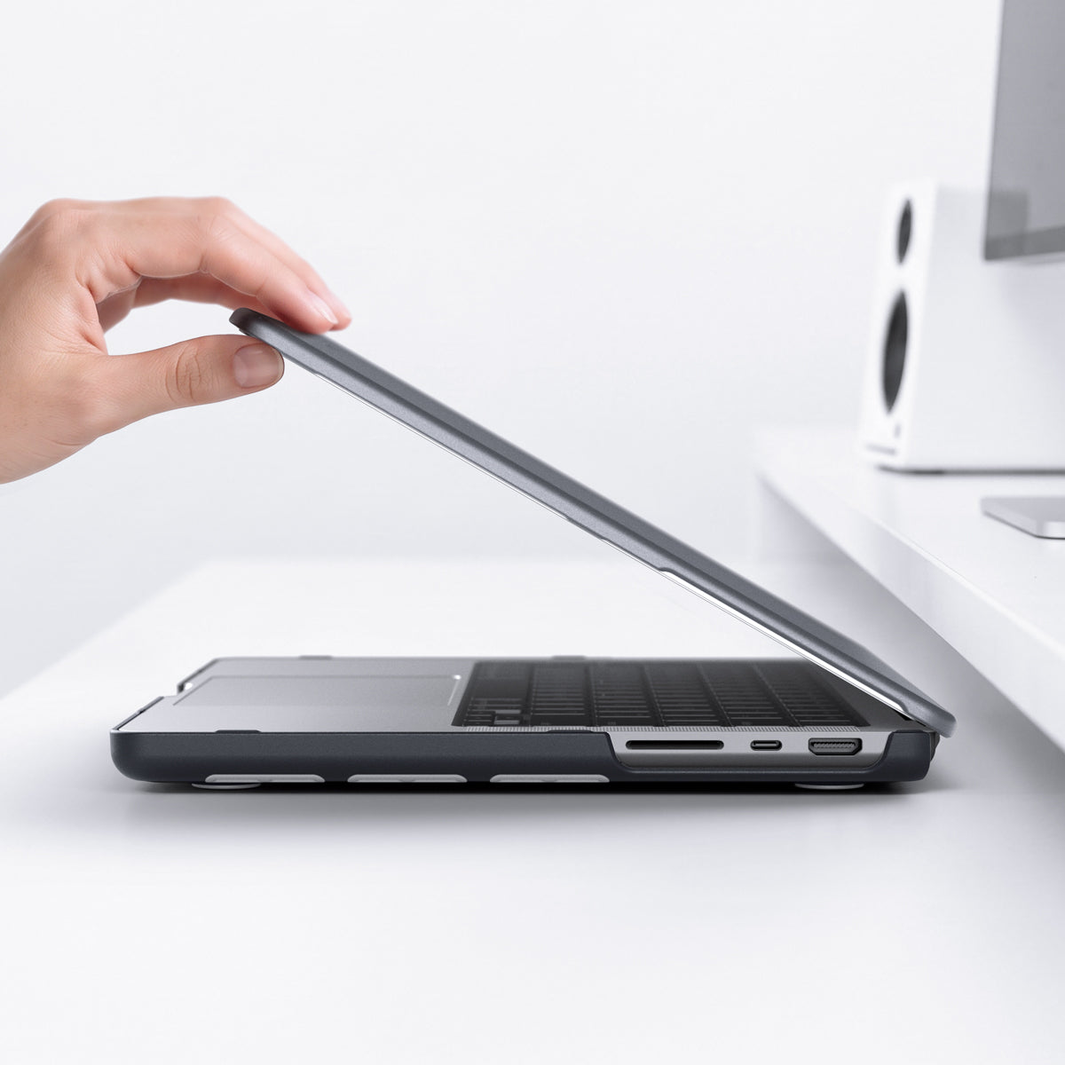 ACS11272 - MacBook Pro 14-inch Nano Pop Black Sesame showing the laptop case opening with precise side cutouts for easy port access