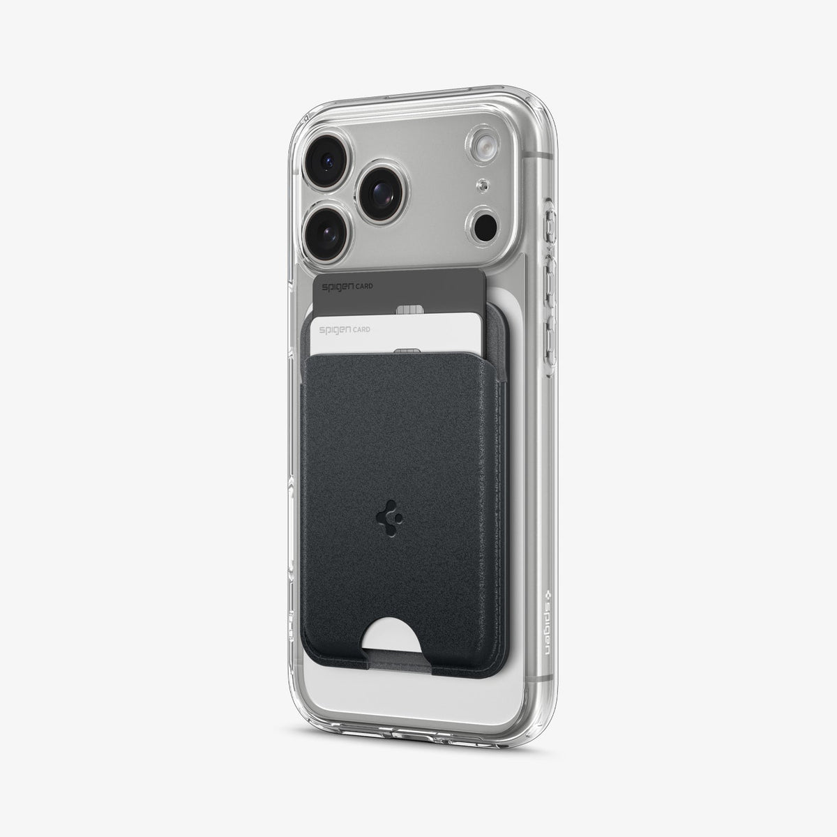 AFA06997 - MagSafe Card Holder Nano Pop (Mag Fit) in Black Sesame showing the front and side with cards inserted, attached at the back of the device