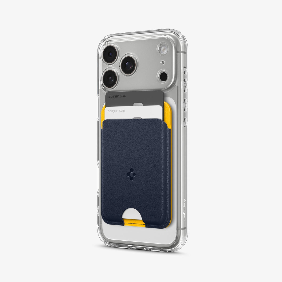 AFA06390 - MagSafe Card Holder Nano Pop (Mag Fit) in Blueberry Navy showing the front and side with cards inserted, attached at the back of the device