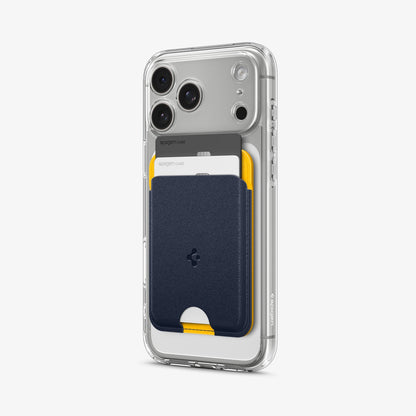 AFA06390 - MagSafe Card Holder Nano Pop (Mag Fit) in Blueberry Navy showing the front and side with cards inserted, attached at the back of the device