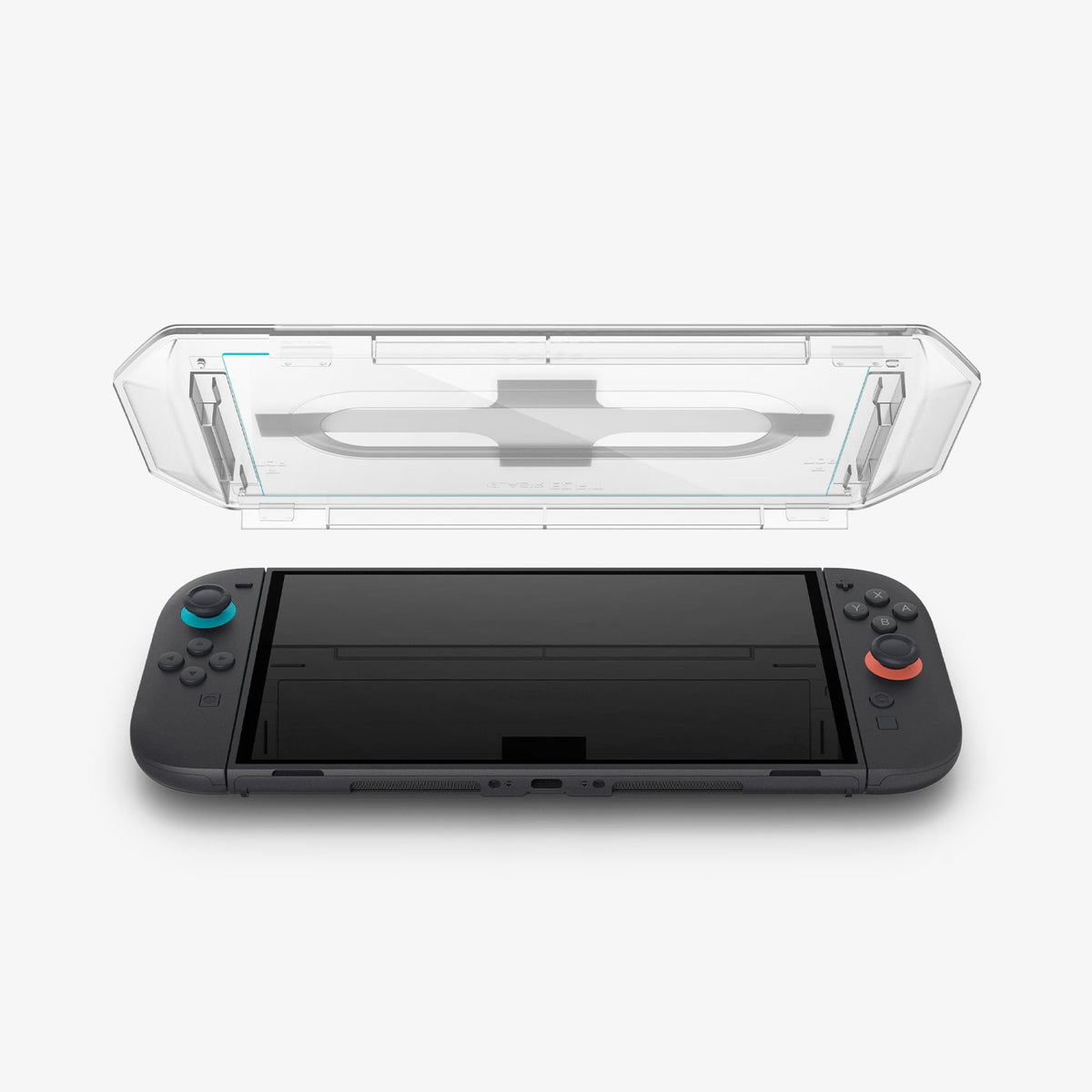 AGL10156 - Nintendo Switch 2 GLAS.tR EZ Fit in Clear showing the inner of the installation tray hovering above the device