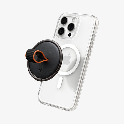 AMP08552 - O-Mag Magnetic Phone Holder (MagFit) OM104 in Black showing the front of the om-mag ring hovering in front of the device