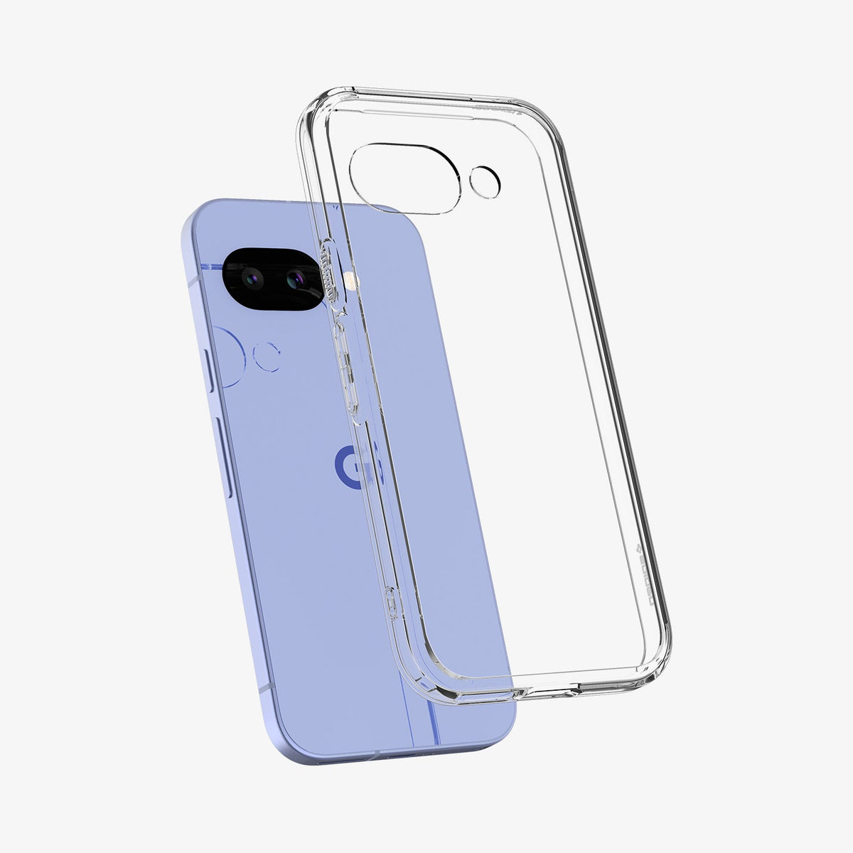 ACS09042 - Pixel 9a Case Ultra Hybrid in Crystal Clear showing the back, partial side hovering in front of the device