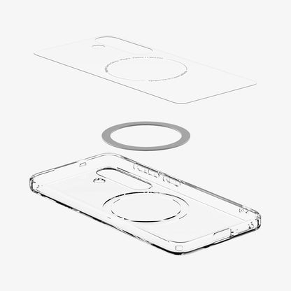 ACS09002 - Galaxy S25 Case Ultra Hybrid Metal Ring (MagFit) in Clear White showing the inner layer hovering above the detached magring and the case