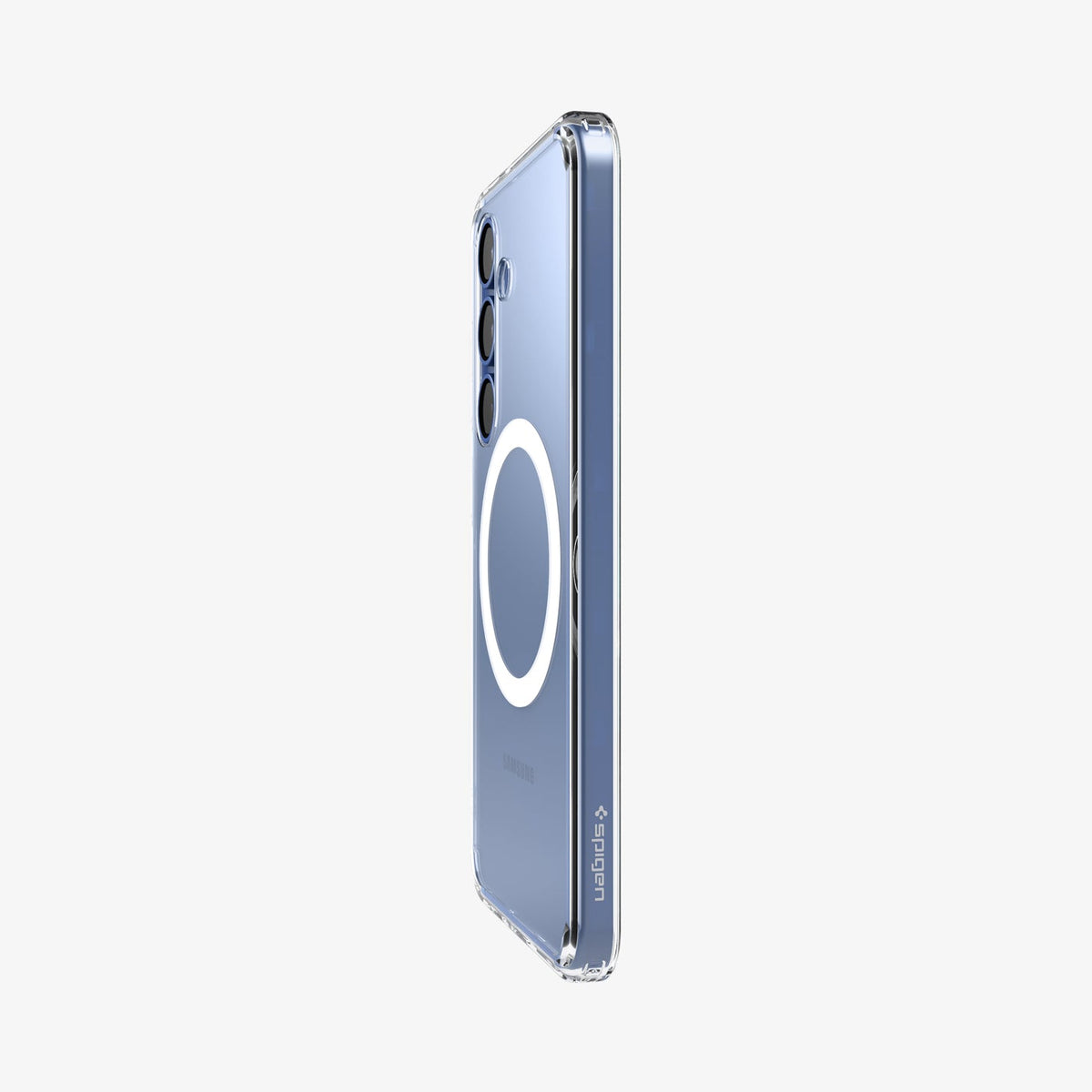 ACS09002 - Galaxy S25 Case Ultra Hybrid Metal Ring (MagFit) in Clear White showing the partial back and side