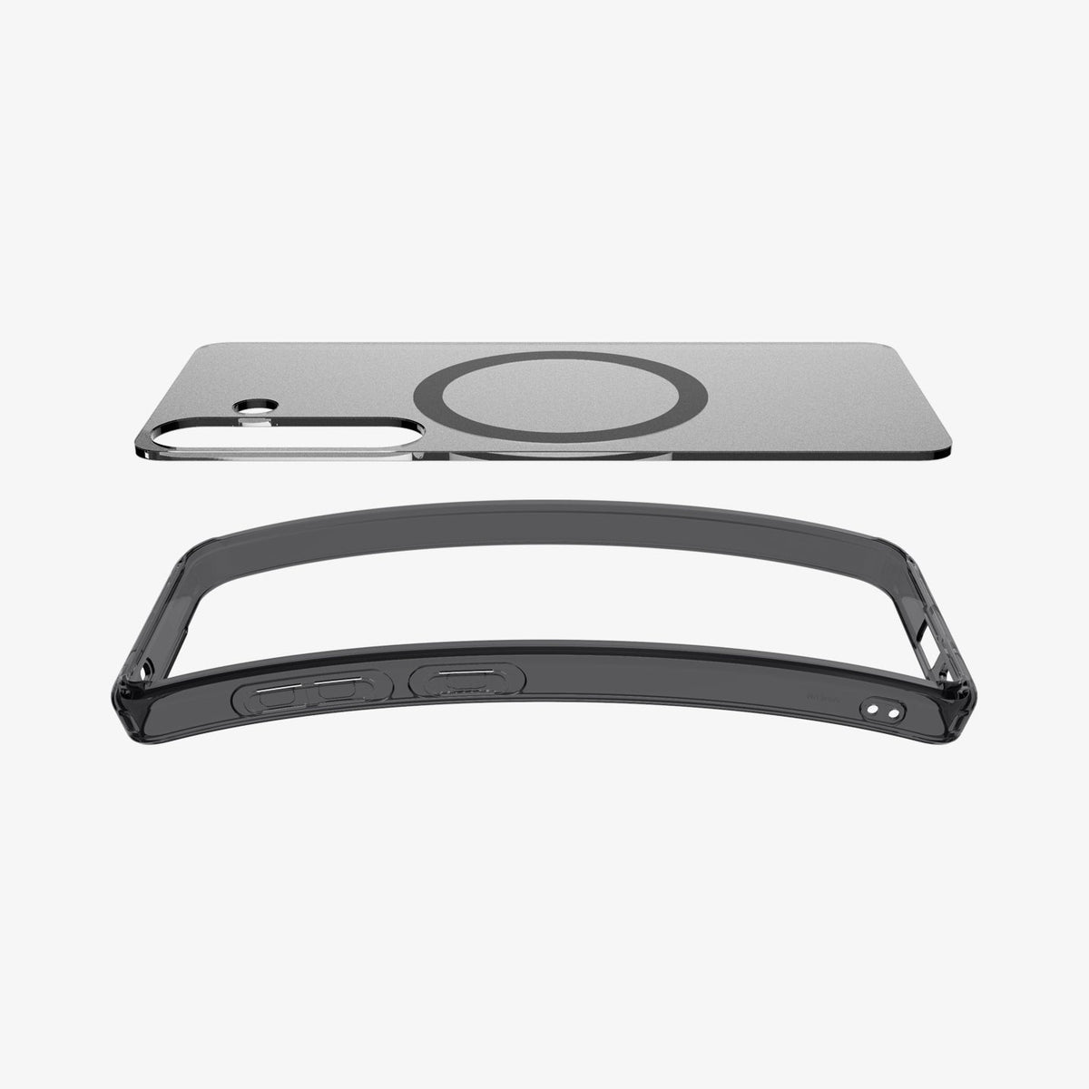 ACS09005 - Galaxy S25 Case Ultra Hybrid Metal Ring (MagFit) in Frost Black showing the detached inner layer hovering above the tpu frame
