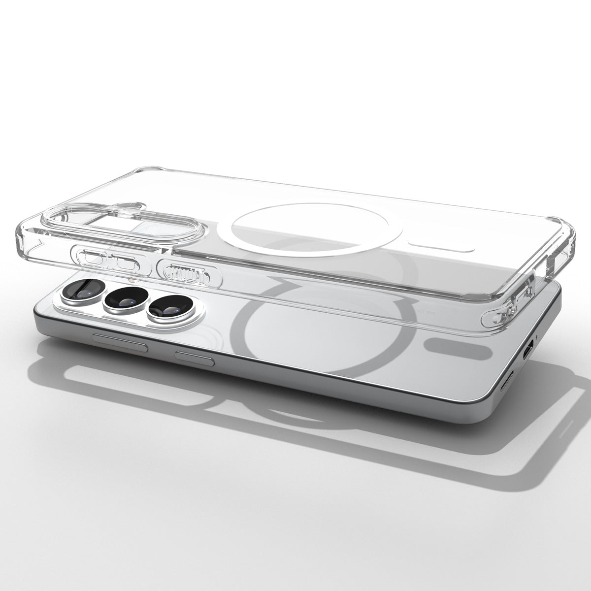 ACS10969 - Galaxy S26 Case Ultra Hybrid (Mag Fit) Crystal Clear showing top view of phone and case showcase on top side by side