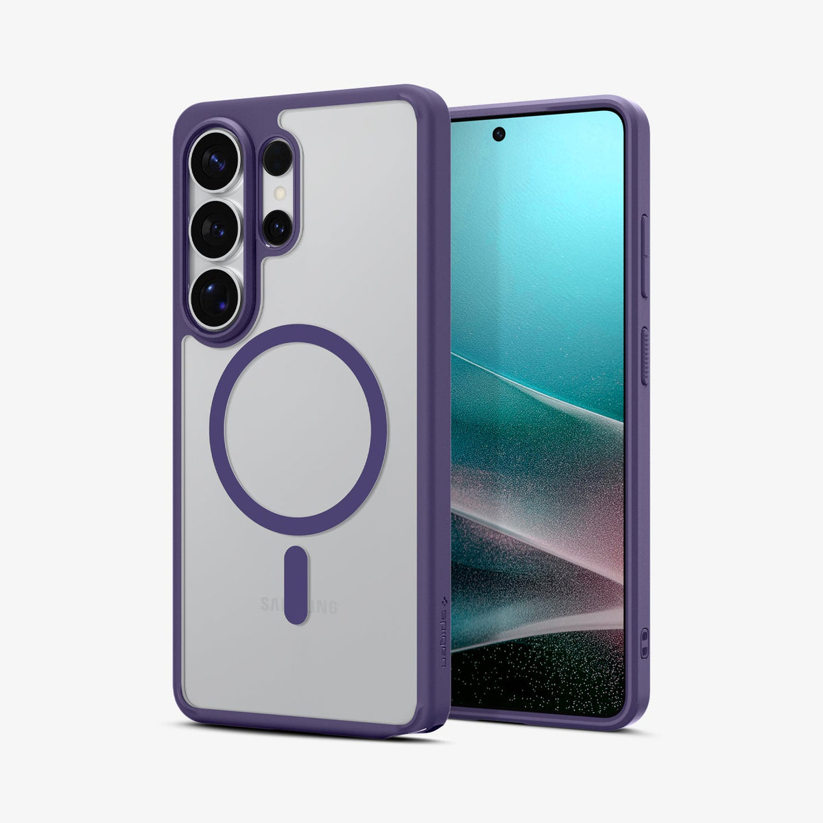 ACS11161 - Galaxy S26 Ultra Case Ultra Hybrid (Mag Fit) Deep Purple showing the back with the device, partial back case only, partial front and sides