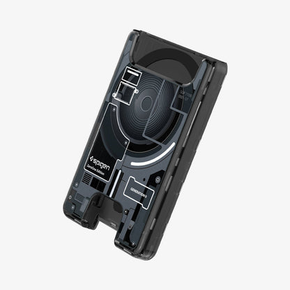 AFA11304 - Ultra Hybrid MagFit card wallet transparent black angled view showcasing Zero One Edition internal circuitry design and slim profile
