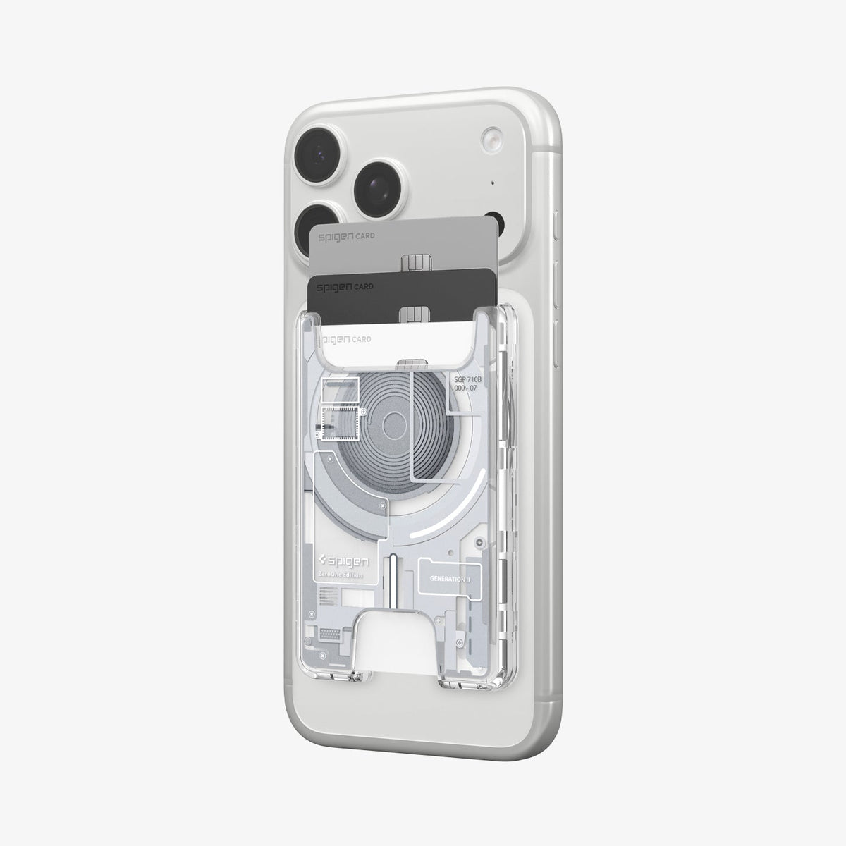 AFA11305 - Ultra Hybrid MagFit card wallet transparent white attached to iPhone showing three cards partially inserted with visible circuit inspired internal design and slim profile