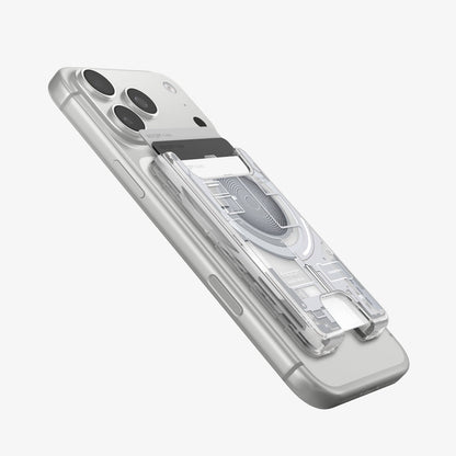 AFA11305 - Ultra Hybrid MagFit card wallet transparent white attached to iPhone at angled side view showing slim profile raised card slot and visible circuit inspired internal design