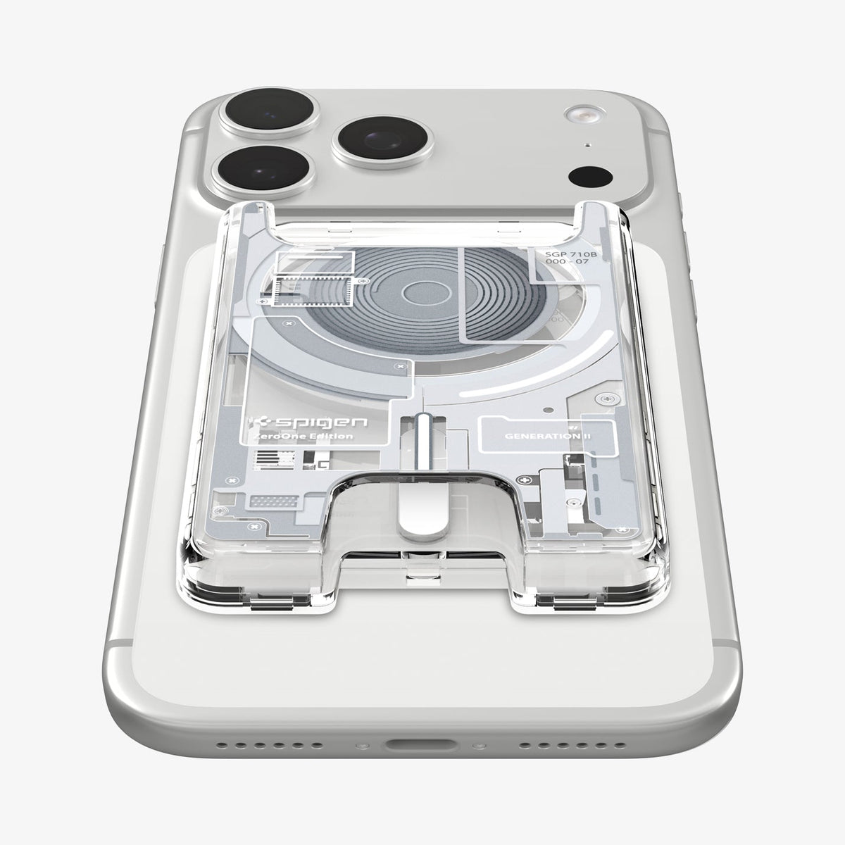 AFA11305 - Ultra Hybrid MagFit card wallet transparent white mounted on iPhone back view showing centered MagSafe alignment precise cutout and exposed Zero One internal circuit design
