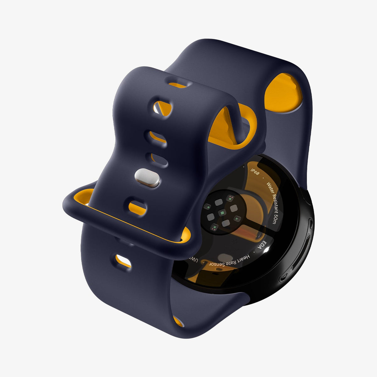 AMP09485 - Pixel Watch 4 (41mm) Nano Pop in Blueberry Navy showing the back with band bending slightly