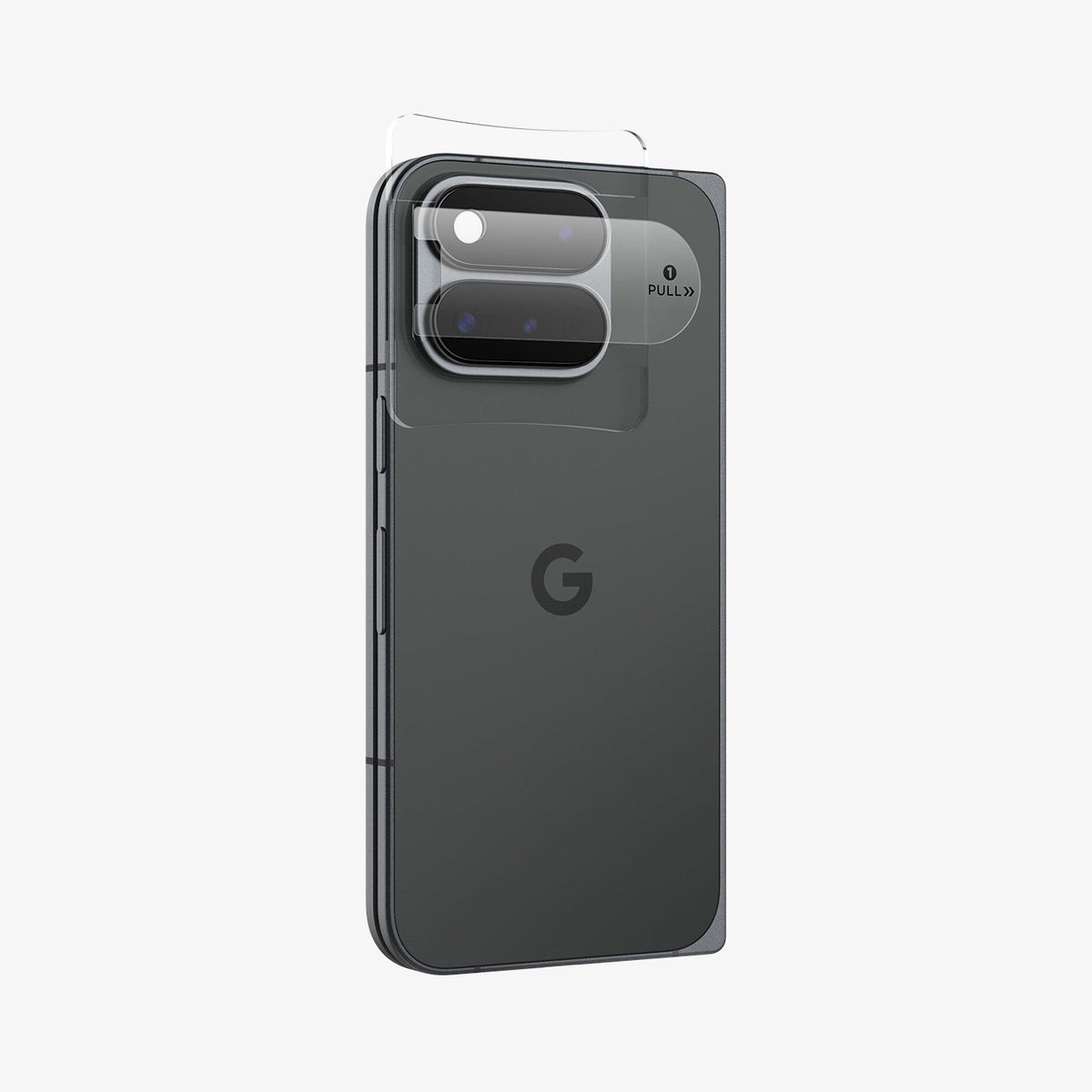 AGL11491 - Pixel 11 Pro Fold Optik EZ Fit Lens Protector alignment tray placed over the camera area for guided lens protector installation.