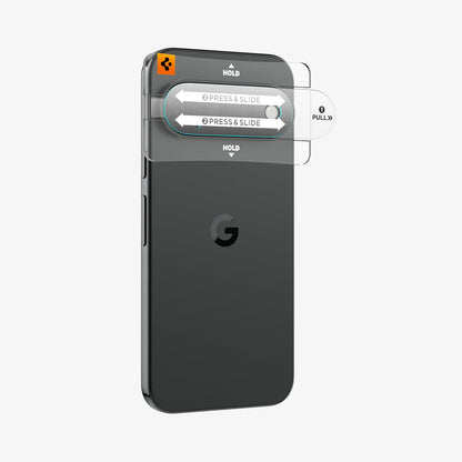 AGL11484 - Pixel 11 Pro Optik EZ Fit Lens Protector protective film being pulled from the alignment tray during lens protector installation.