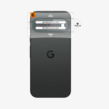 AGL11479 - Pixel 11 Optik EZ Fit Lens Protector alignment tray placed over the camera area for guided lens protector installation.