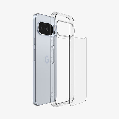 ACS09738 - Pixel 10 Pro XL Case Ultra Hybrid in crystal clear showing the back with case hovering behind device