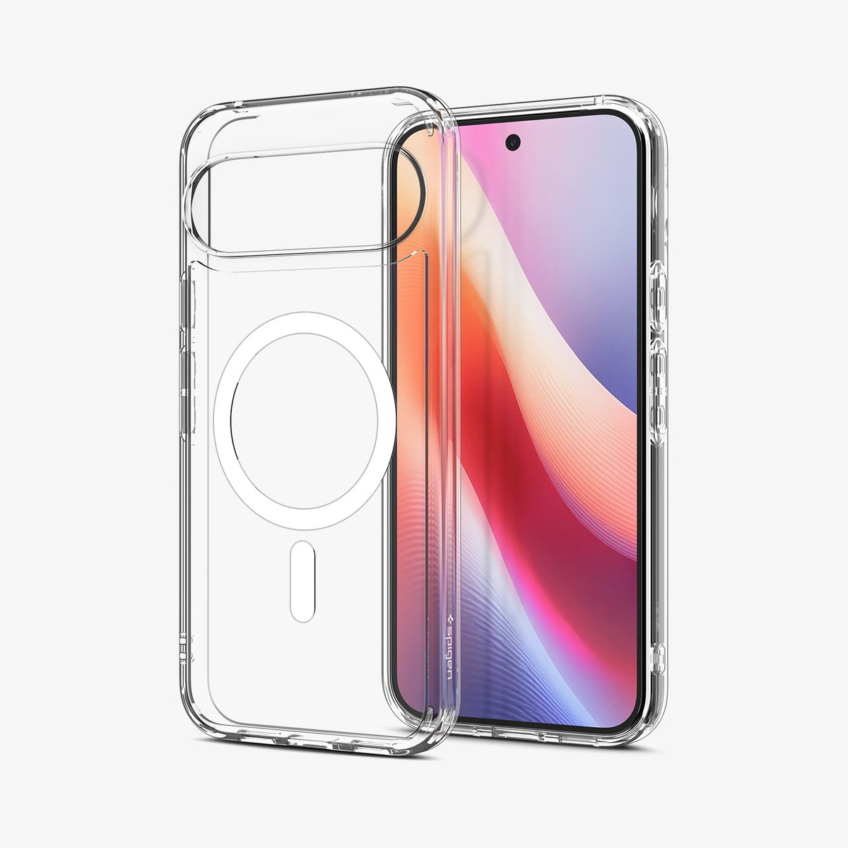 ACS09725 - Pixel 10 Pro XL Case Ultra Hybrid Metal Ring (MagFit) in crystal clear showing the case hovering in front of device