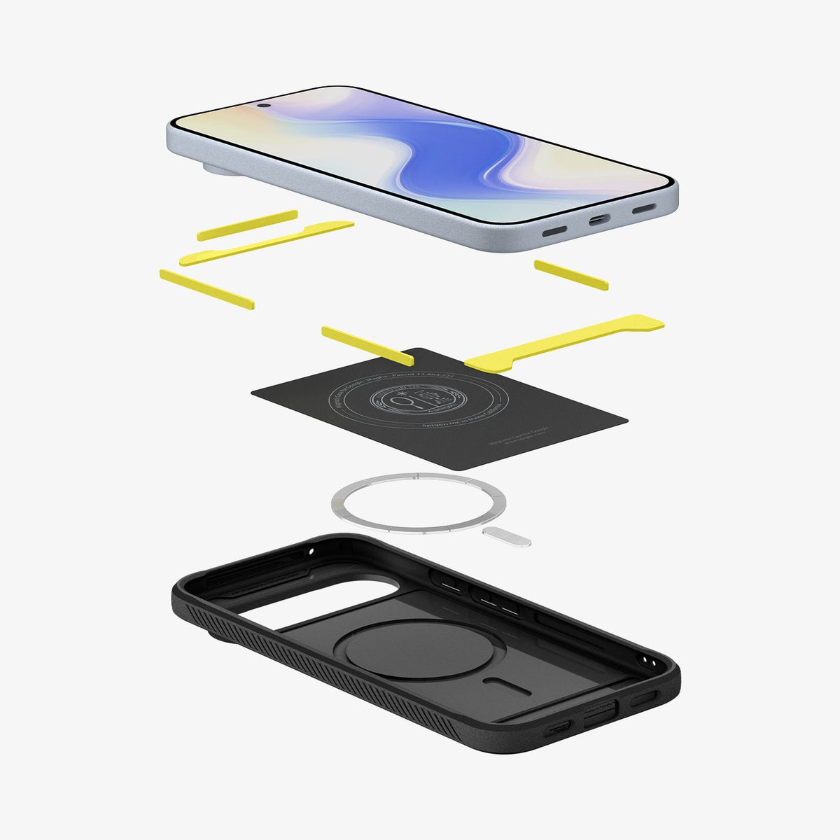 ACS09698 - Pixel 10 / Pixel 10 Pro Case Rugged Armor (MagFit) in black showing the multiple layers of case hovering below the device