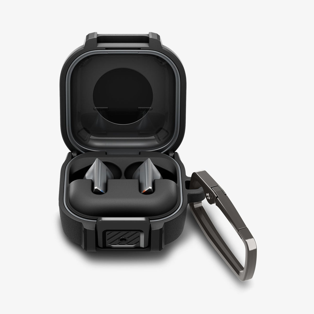 ACS11202 - Galaxy Buds 4 Series - Lock Fit in Matte Black showing the front with top open with carabiner and earbuds inside