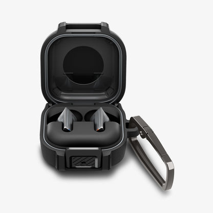 ACS11202 - Galaxy Buds 4 Series - Lock Fit in Matte Black showing the front with top open with carabiner and earbuds inside
